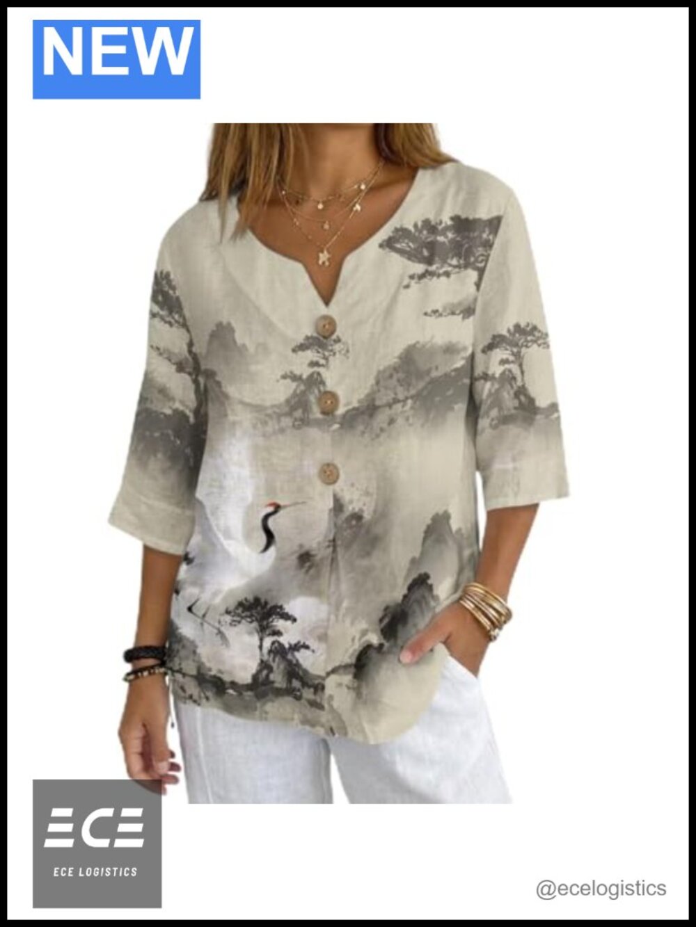 Womens Linen Japanese Art Blouse V-Neck 3/4 Sleeve Relaxed Fit Top